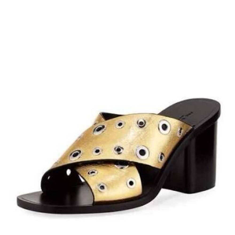 NEW! Rag & Bone Size 7 Paige Grommet Gold Black Women's Slide Sandals Heels